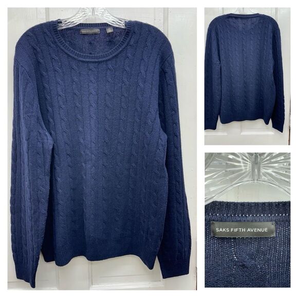 Saks Fifth Avenue navy blue wool blend cable knit crew neck sweater womens large - Picture 1 of 5